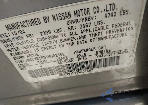 2005 Infiniti G35X z USA, uszkodzony, nr VIN JNKCV51F65M302552